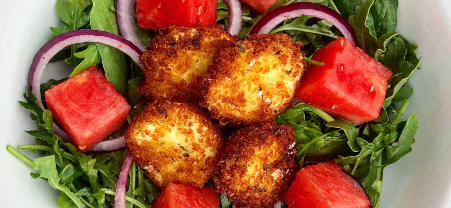 Watermelon Salad with Fried Goat Cheese & Lemon Vinaigrette