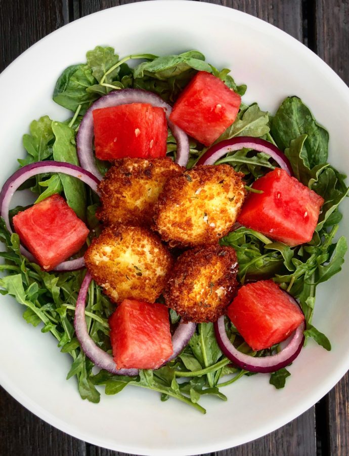 Watermelon Salad with Fried Goat Cheese & Lemon Vinaigrette