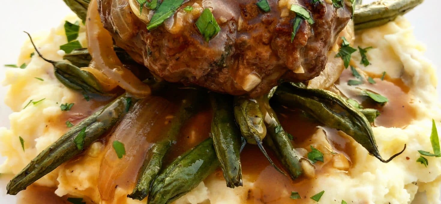 Hamburger Steaks with Pan Gravy over Creamy Mash & Roasted Beans