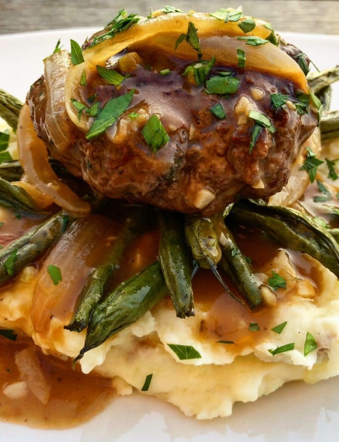 Hamburger Steaks with Pan Gravy over Creamy Mash & Roasted Beans