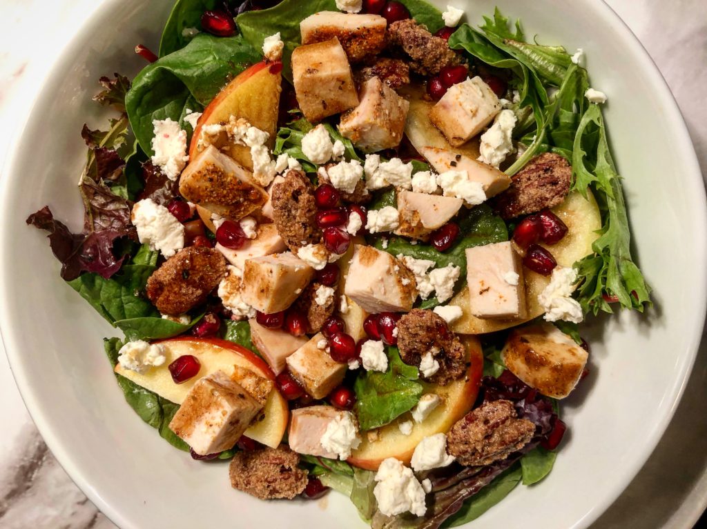 Chicken Apple And Pomegranate Salad With Candied Pecans And Balsamic