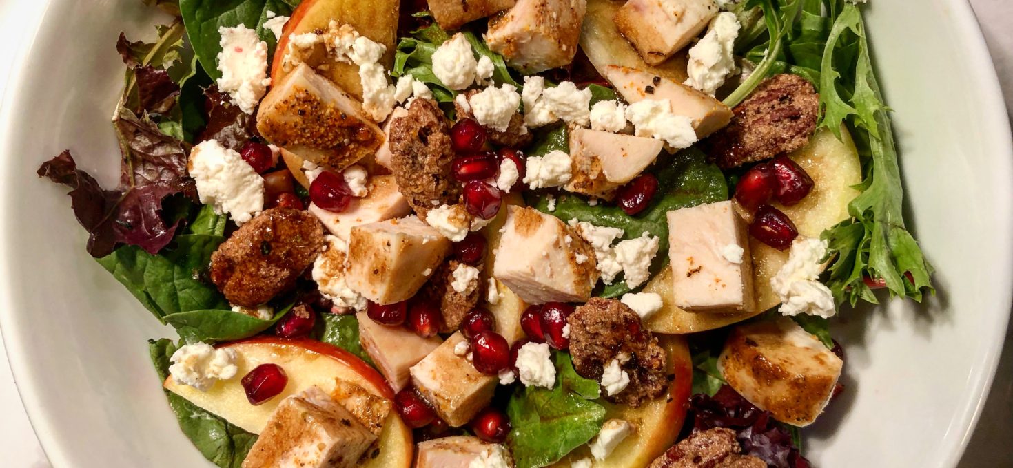 Chicken, Apple & Pomegranate Salad with Candied Pecans & Balsamic Vinaigrette