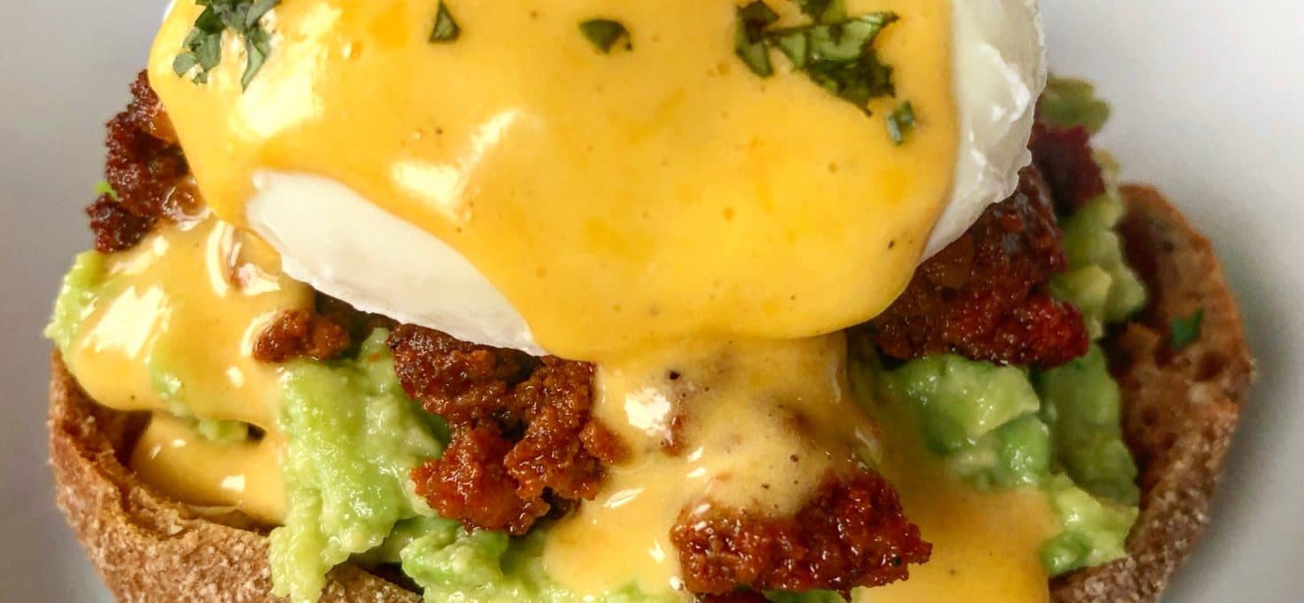 Chorizo Benedict with Avocado Mash & Chipotle Hollandaise