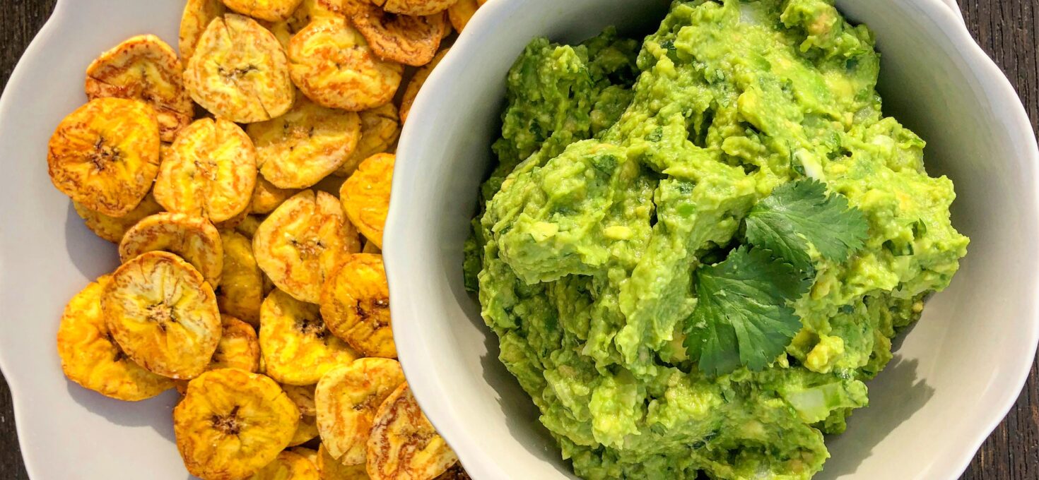Baked Plantain Chips with Guacamole