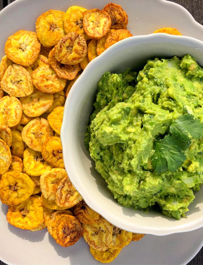 Baked Plantain Chips with Guacamole
